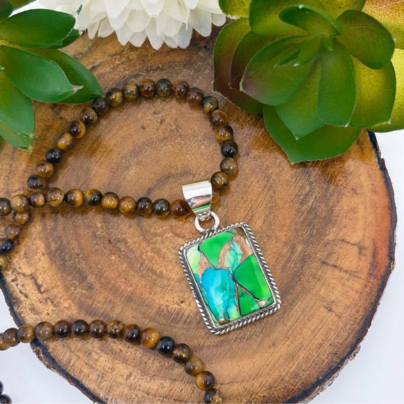 Sterling Silver 925 Peacock Dahlia Turquoise Pendant Tiger Eye Necklace - Picture 3 of 7